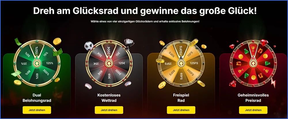 Vier Glücksräder im Vulkan Spiele Casino mit Bonus-, Freispiele-, Freewetten- und Überraschungspreisen