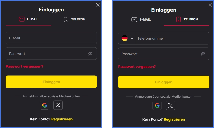 Anmeldung im Vulkan Spiele Casino per E-Mail oder Telefonnummer