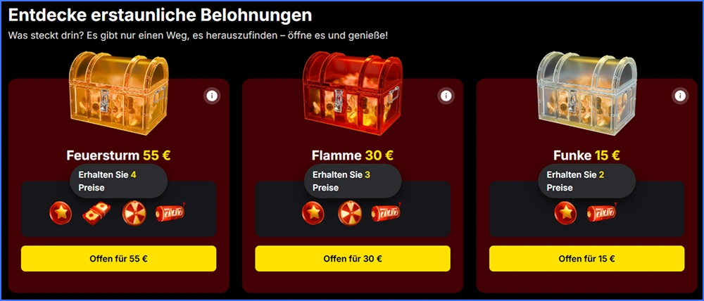 Lootboxen im Vulkan Spiele Casino mit den Stufen Funke, Flamme und Pojar