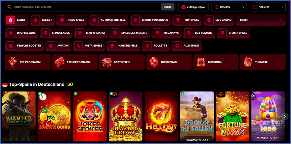Spielkategorien im Vulkan Spiele Casino mit Slots, Live Casino, Roulette und weiteren Bereichen